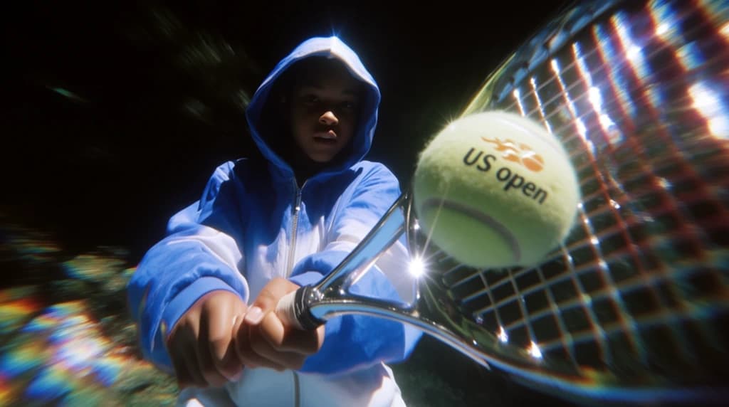 Dramatic close-up of a tennis player and racquet in an official Krea 2 showcase image.