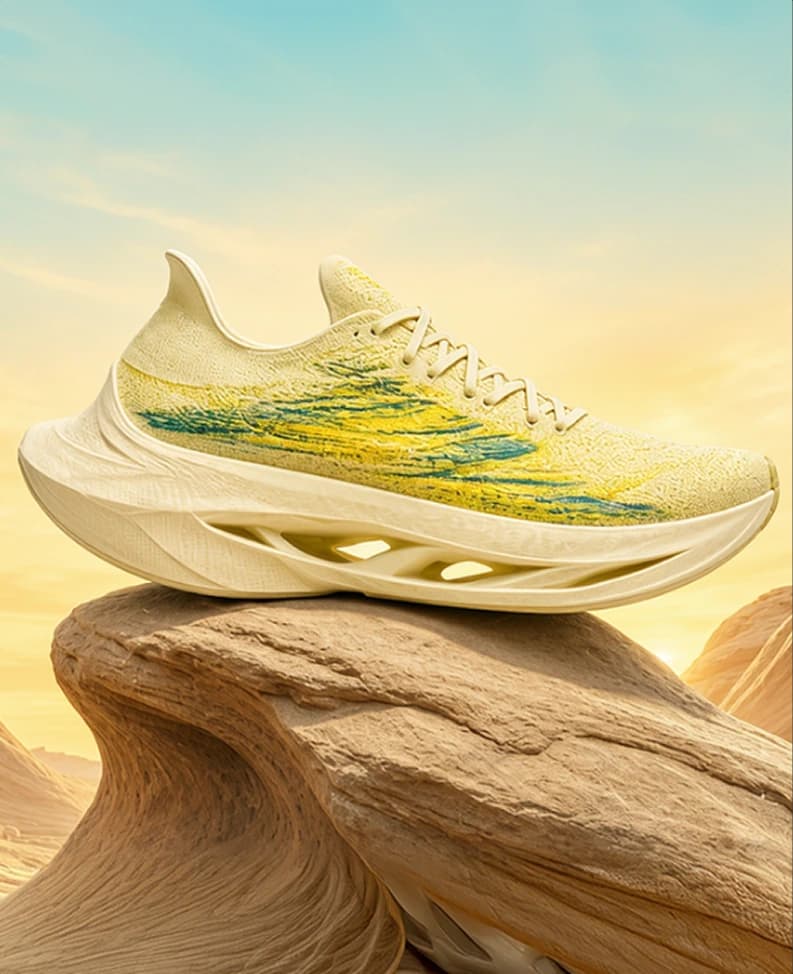 Cream running shoe staged on a desert rock in an official Microsoft MAI Image 2.6 example.