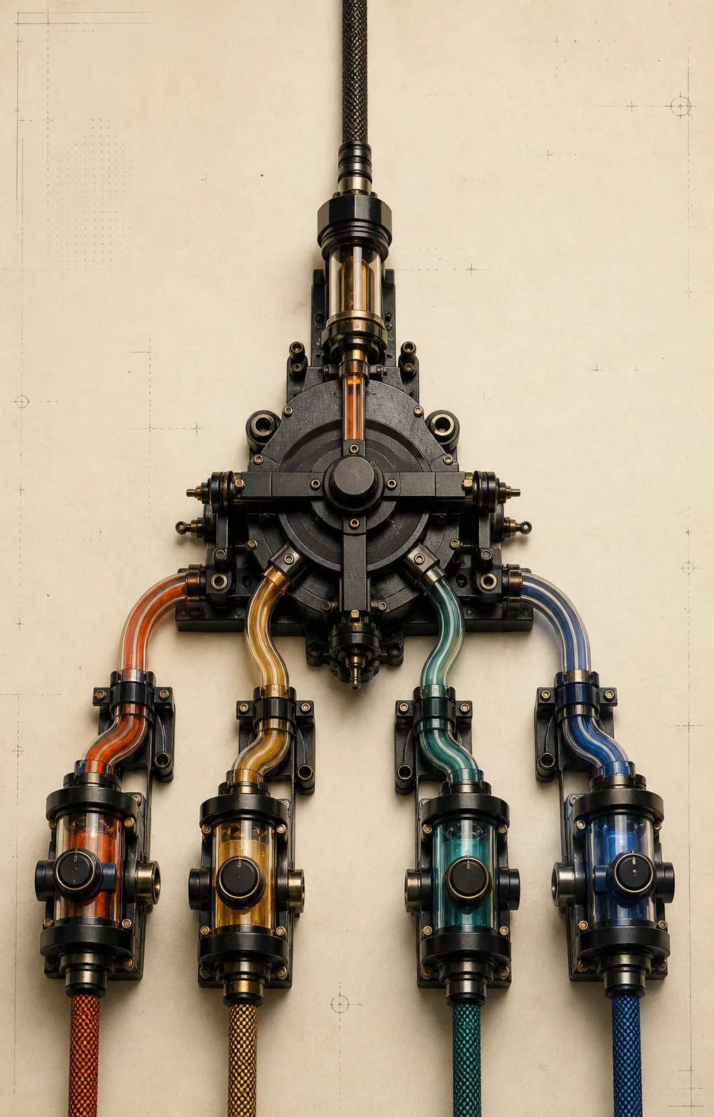 A four-path signal switch routing orange, gold, teal, and blue channels through one central mechanism