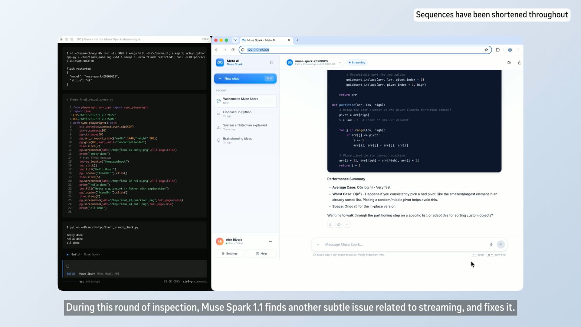 Muse Spark 1.1 debugging a web application while inspecting code and the rendered interface