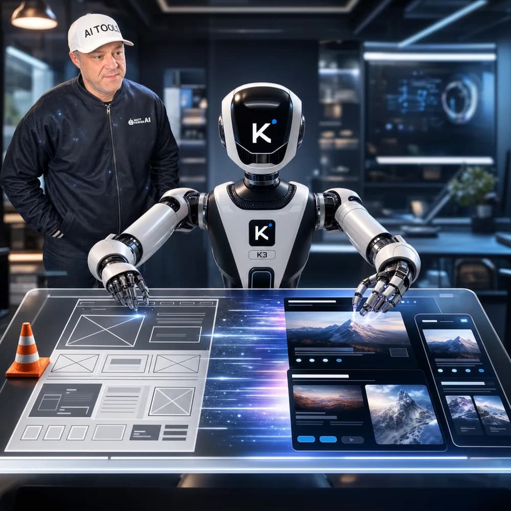 Matt Farmer beside a futuristic Kimi K3 robot designing a website interface
