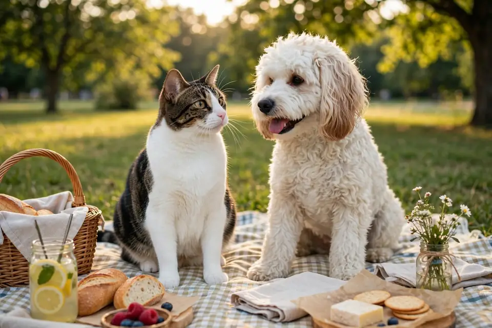 Official Muse Image demo showing a cat and dog picnic scene.