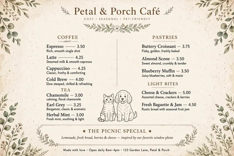 Official Muse Image demo showing a cafe menu based on the prior generated scene.