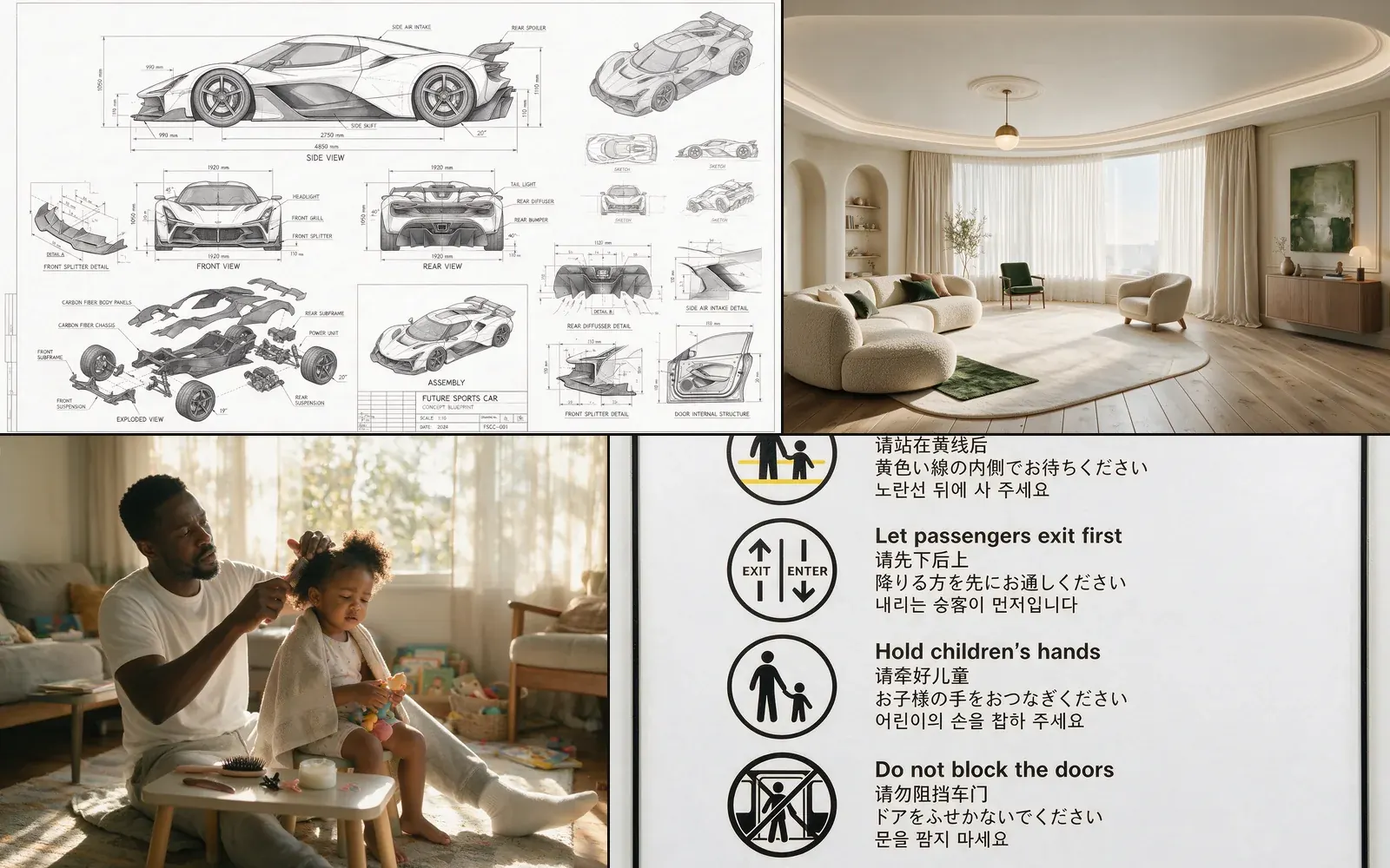 Official Seedream 5.0 Pro examples showing blueprint design, interior editing, photographic realism, and multilingual text rendering.