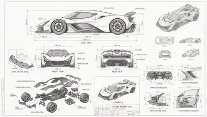 Official Seedream 5.0 Pro technical drawing of a futuristic sports car with front, side, rear, assembly, and detail views.