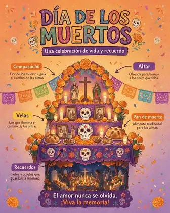 Official Seedream 5.0 Pro Spanish-language Dia de Muertos infographic example.