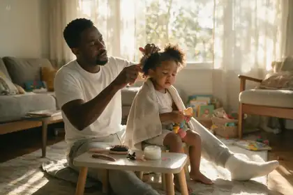 Official Seedream 5.0 Pro realistic family-life photo example with a father combing his daughter's hair in warm natural light.