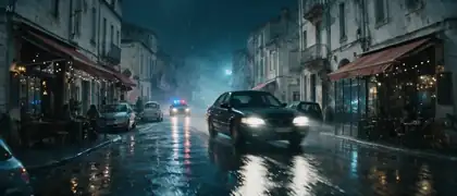 Official Seedream 5.0 Pro edited output showing the street transformed into a cinematic rainy-night car chase.