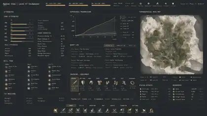 Official Seedream 5.0 Pro dense RPG character interface example with stats, map elements, and structured UI panels.