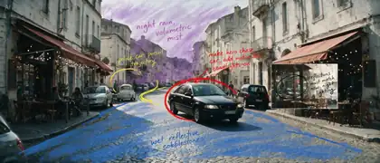 Official Seedream 5.0 Pro source image showing an annotated daytime street scene before a cinematic rainy-night edit.