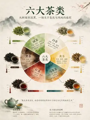 Official Seedream 5.0 Pro tea infographic example with a central flavor wheel, tea leaves, oxidation bars, and brewing temperatures.