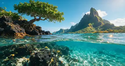 Official Seedream 5.0 Pro split-level tropical lagoon example showing above-water and underwater detail.